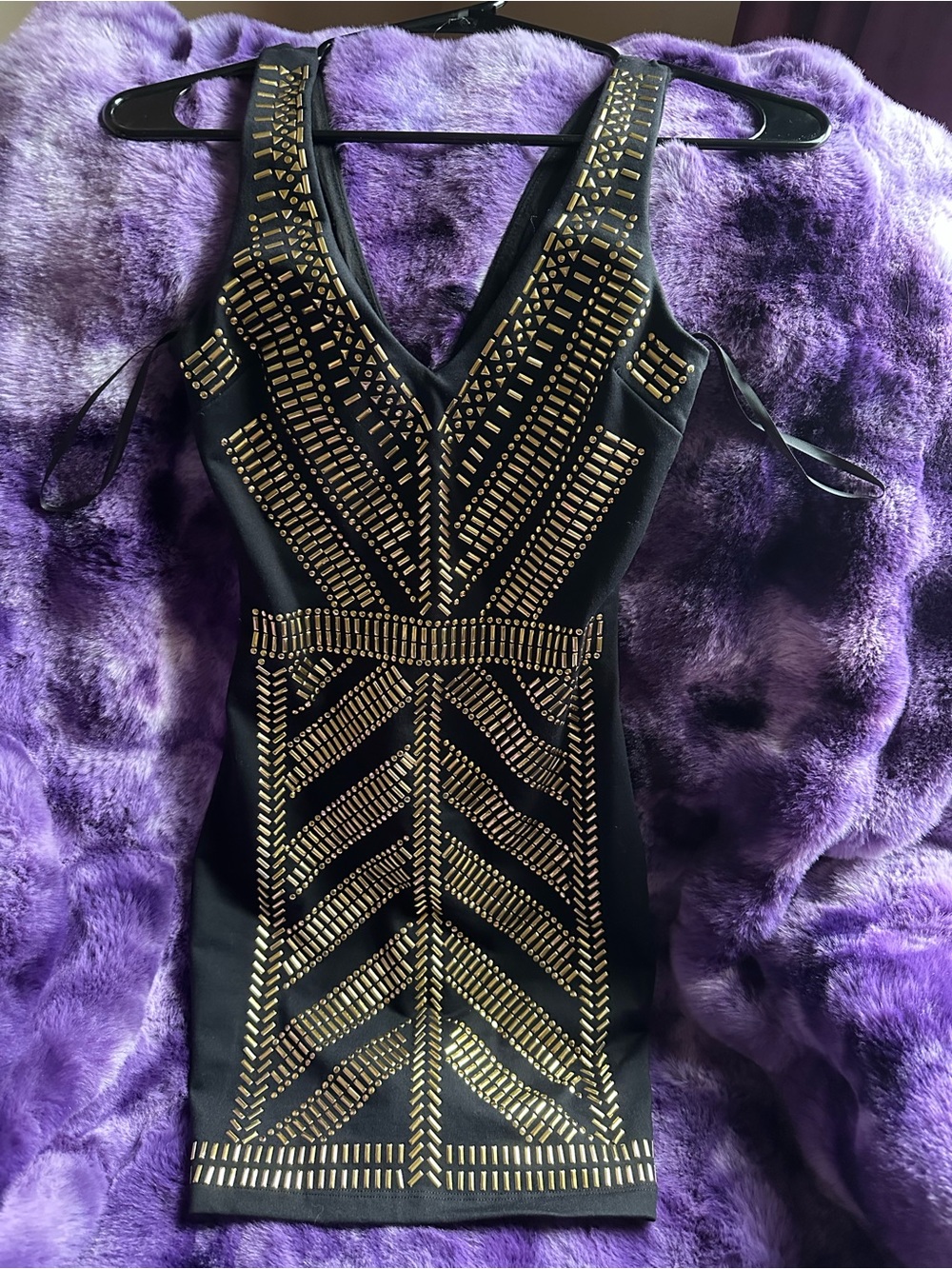 bebe Black Mini Dress with Gold Stud Patterns